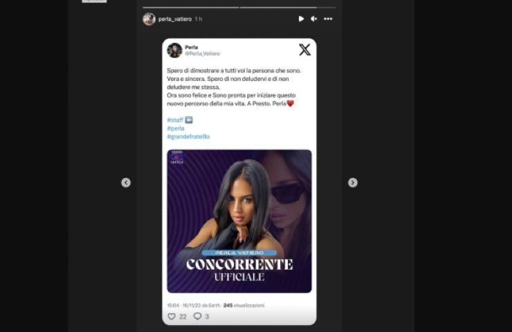 Il messaggio di Perla Vatiero su IG