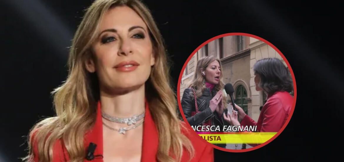 Francesca Fagnani. Nel cerchio: Francesca Fagnani intervistata a Striscia la Notizia.