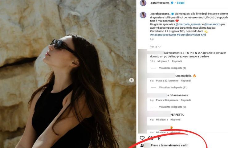 Il like di Tananai a Sarah Toscano.